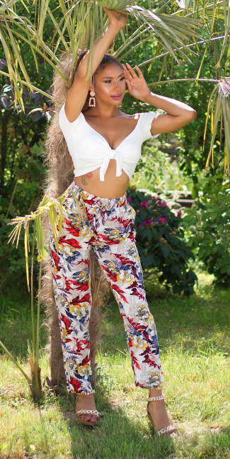 Trendy hoge taille broek met tropical print wit